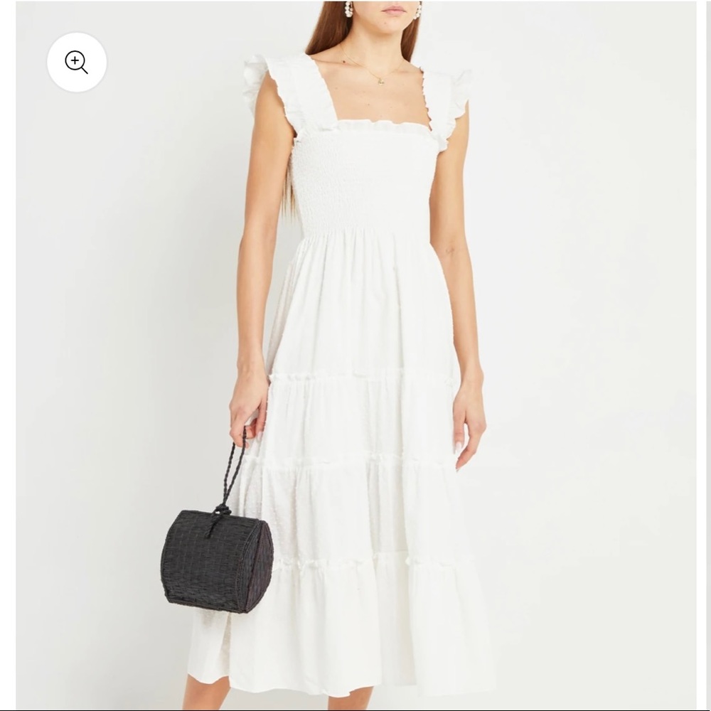 Smocked Ruffle-strap Midi Dress in White